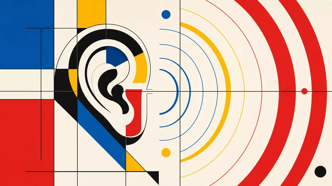 A Bauhaus style graphic design poster featuring a stylized geometric human ear rendered as concentric arcs and angular lines on the left, with bold concentric sound wave rings radiating outward to the right, composed on a geometric grid using primary colo
