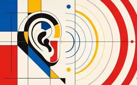Sonova CH0012549785: Bauhaus-Grafikposter mit geometrischem Ohr, konzentrischen Schallwellen und Primärfarben auf weißem Grund - Foto: THN