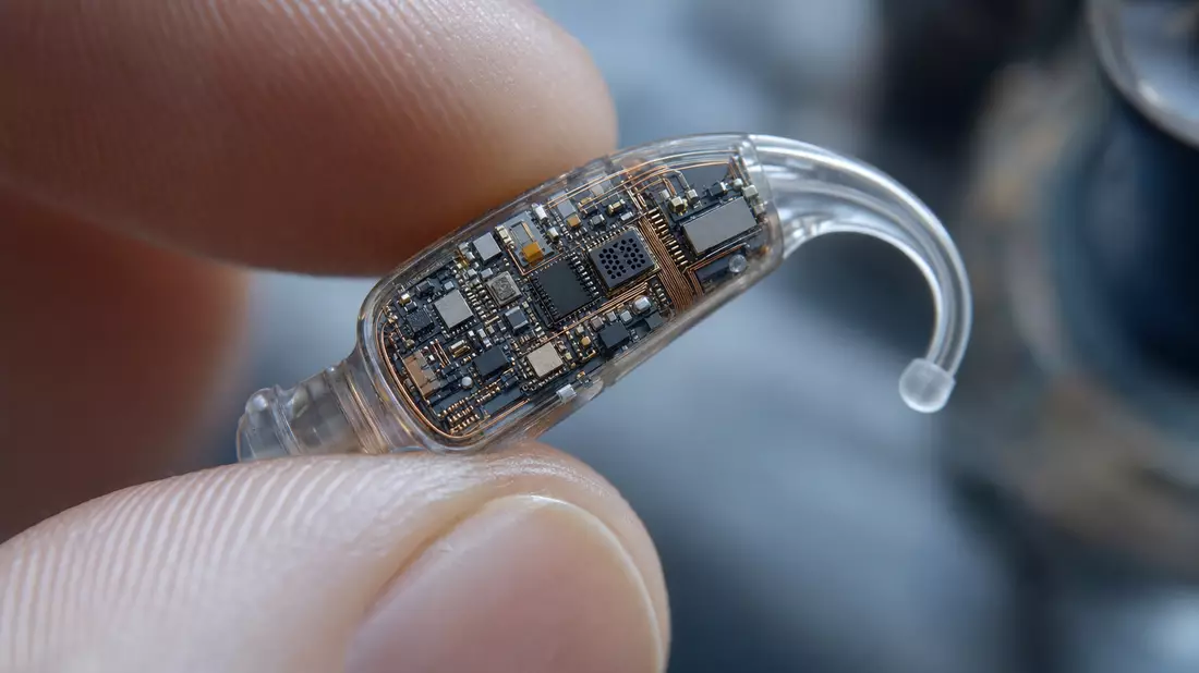 An extreme macro photograph of a tiny transparent high-tech hearing aid device held between a thumb and forefinger, with a translucent shell revealing intricate microelectronics circuit board patterns, copper traces, micro-components and nano-scale precis