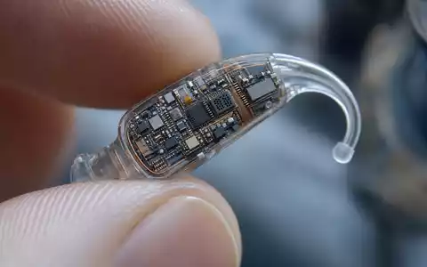 Sonova CH0012549785: Extreme Makro-Nahaufnahme eines winzigen Hi-Tech-Hörgeräts mit sichtbarer Mikroelektronik und transparentem Gehäuse - Foto: THN