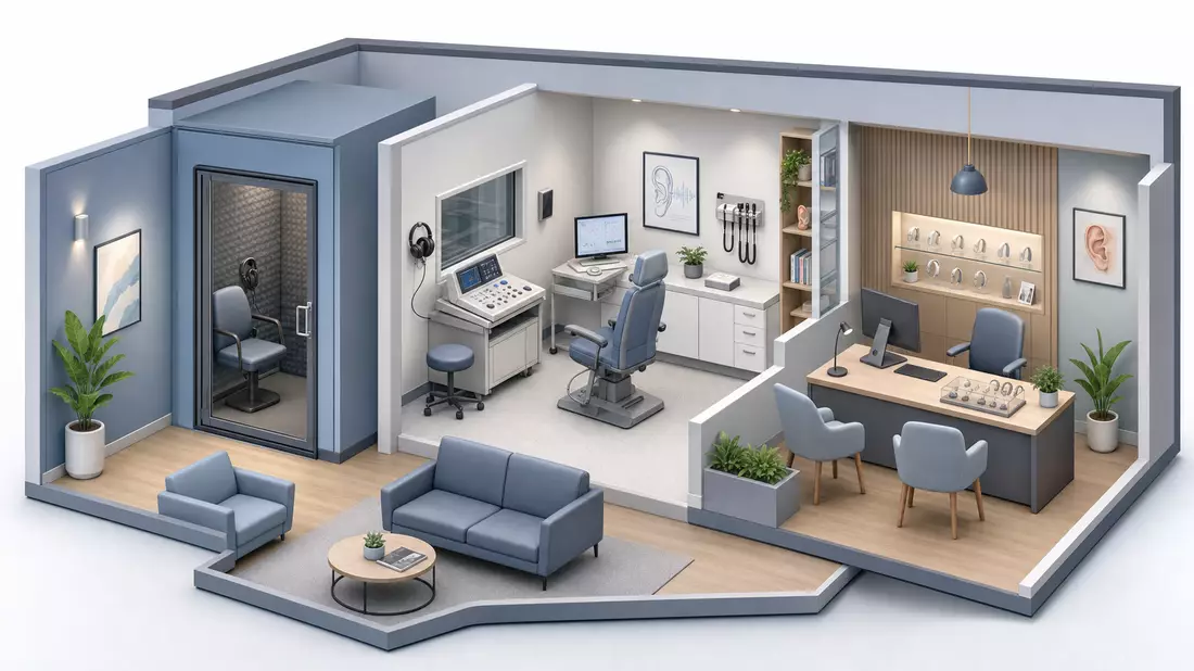 An isometric 3D illustration cutaway diorama of a modern audiology clinic interior showing three distinct zones: a sound-proof hearing booth with glass door on the left, a clinical examination room with audiometry equipment and patient chair in the center