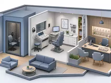 Sonova CH0012549785: Isometrische 3D-Illustration einer modernen Audiologie-Klinik mit Hörkabine, Untersuchungsraum und Anpassbereich - Foto: THN