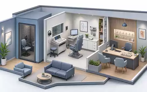 Sonova CH0012549785: Isometrische 3D-Illustration einer modernen Audiologie-Klinik mit Hörkabine, Untersuchungsraum und Anpassbereich - Foto: THN