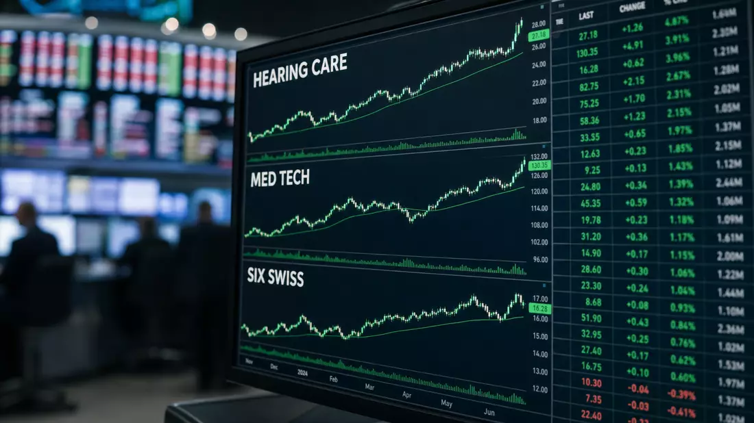 An editorial finance photograph of a professional trading monitor in close-up displaying three upward-trending candlestick stock charts labeled HEARING CARE, MED TECH, and SIX SWISS on a dark terminal background with green chart lines, with a blurred trad