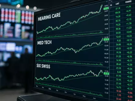 Sonova CH0012549785: Börsen-Editorial mit Monitor, der HEARING CARE, MED TECH und SIX SWISS Charts zeigt - Foto: THN