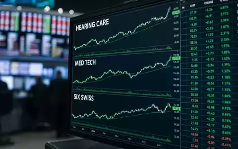 Sonova CH0012549785: Börsen-Editorial mit Monitor, der HEARING CARE, MED TECH und SIX SWISS Charts zeigt - Foto: THN