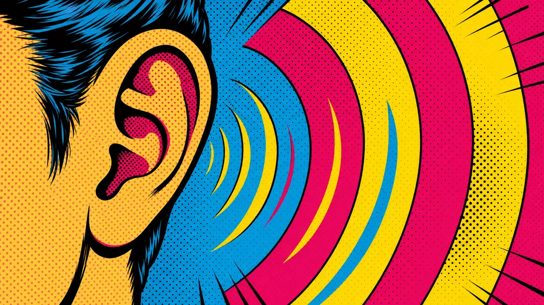 A vibrant pop art comic style illustration showing a bold stylized human ear with thick black comic outline strokes on the left, with concentric arc sound waves radiating outward to the right filled with halftone Ben-Day dot patterns, rendered in vivid sa