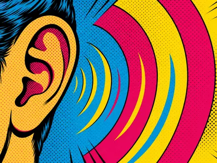 Sonova CH0012549785: Pop-Art-Comic mit stilisiertem Ohr, Halftone-Schallwellen in Cyan-Magenta-Gelb und kräftigen Comic-Outlines - Foto: THN
