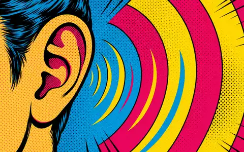 Sonova CH0012549785: Pop-Art-Comic mit stilisiertem Ohr, Halftone-Schallwellen in Cyan-Magenta-Gelb und kräftigen Comic-Outlines - Foto: THN
