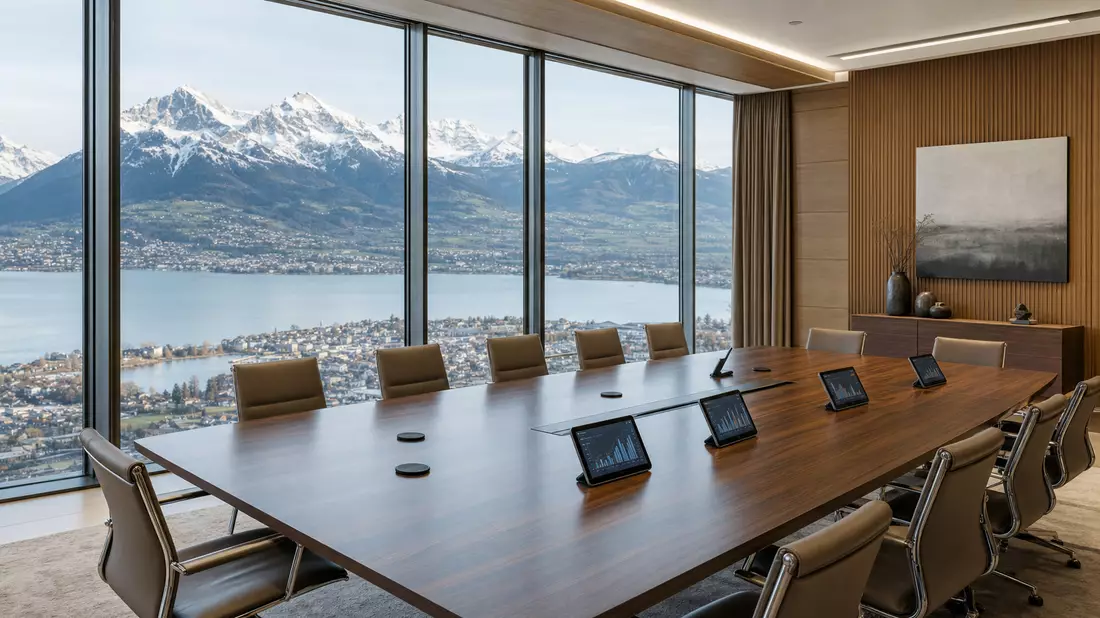 Fotorealistischer Investment-Boardroom eines Private-Markets-Unternehmens in Zug, Schweiz. Langer Holztisch mit Lederstühlen und Tablets, große Panoramafenster mit Blick auf Alpen und Zugersee. Kein Logo