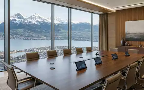 Partners Group Boardroom in Zug CH0024608827 mit Bergblick, langer Holztisch und digitale Tablets - Foto: THN