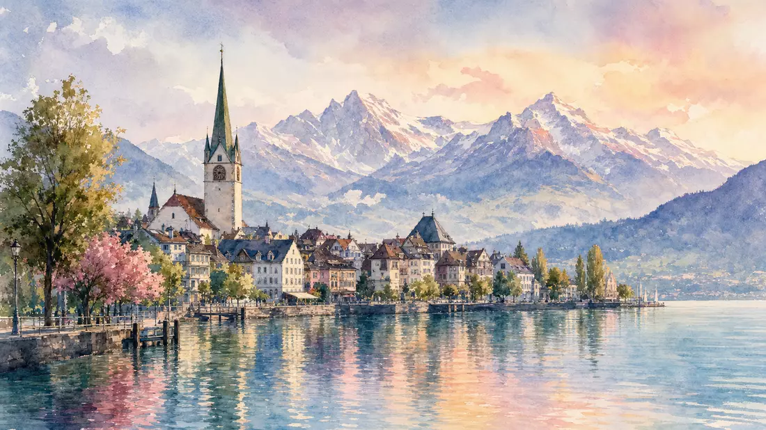 Aquarellmalerei der Stadt Zug am Zugersee mit Alpen-Silhouette im Hintergrund. Weiche Pastelltöne in