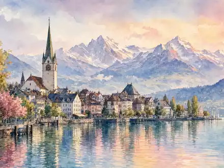 Partners Group Standort Zug CH0024608827 als Aquarell am See mit Alpen-Silhouette in Pastelltönen - Foto: THN