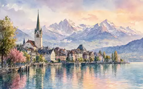 Partners Group Standort Zug CH0024608827 als Aquarell am See mit Alpen-Silhouette in Pastelltönen - Foto: THN