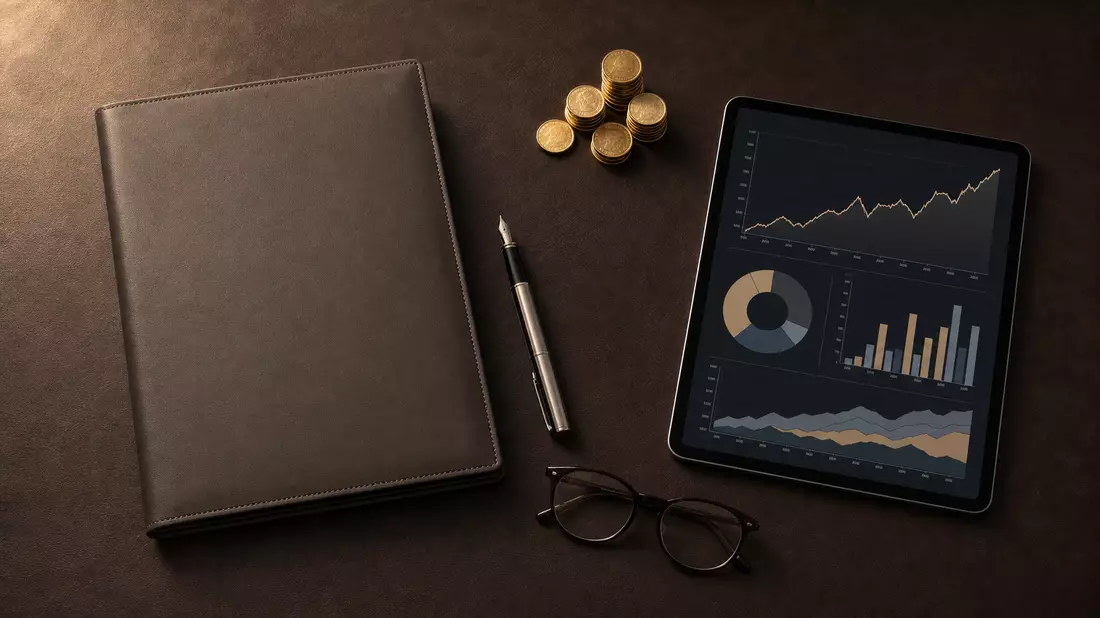Flatlay-Draufsicht auf Investment-Materialien auf dunklem Leder: neutrale Pitch-Mappe, silberner Füllfederhalter, Lesebrille, Tablet mit Portfolio-Charts und kleine Goldmünzen. Warmes Studiolicht. Kein Logo