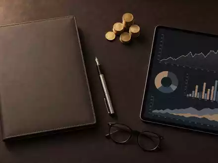 Partners Group CH0024608827 Investment-Flatlay auf Leder mit Pitch-Mappe, Stift, Tablet und Goldmünzen - Foto: THN