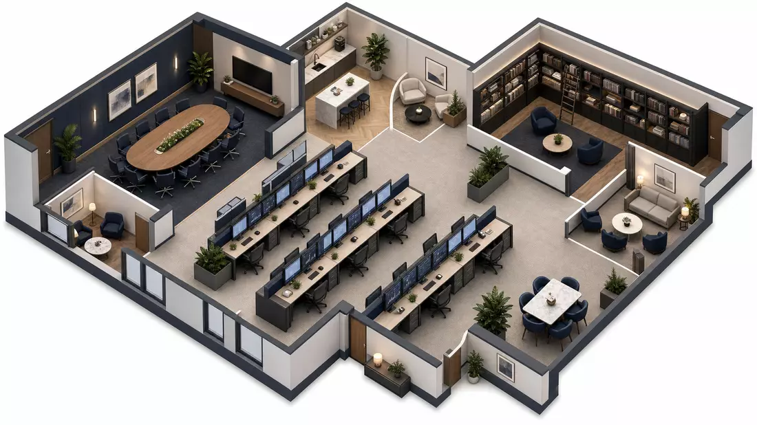Isometrische 3D-Illustration einer modernen Private-Markets-Bürolandschaft. Konferenzraum mit ovalem Tisch, Trading-Desk mit Monitoren, Bibliothek mit Bücherregalen. Navy und Warmgrau, Vogelperspektive. Kein Logo