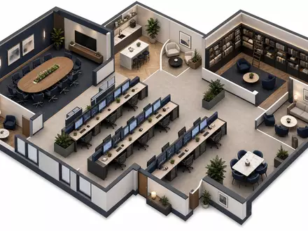 Partners Group CH0024608827 zeigt isometrische 3D-Illustration des Private-Markets-Büros mit Konferenzraum und Desk - Foto: THN