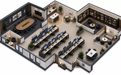 Partners Group CH0024608827 zeigt isometrische 3D-Illustration des Private-Markets-Büros mit Konferenzraum und Desk - Foto: THN