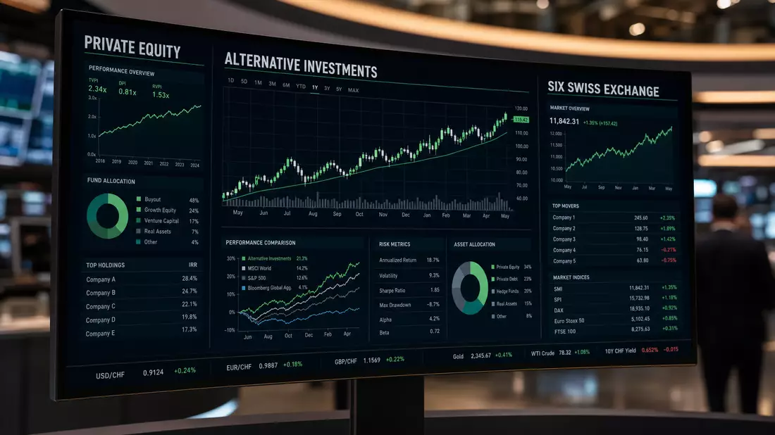 Editorialfoto eines großen dunklen Monitors mit Finanzdata, Texten PRIVATE EQUITY, ALTERNATIVE INVESTMENTS und SIX SWISS EXCHANGE, mehrere aufwärts verlaufende Charts in Grün auf schwarzem Hintergrund, Trading-Floor-Atmosphäre. Kein Logo