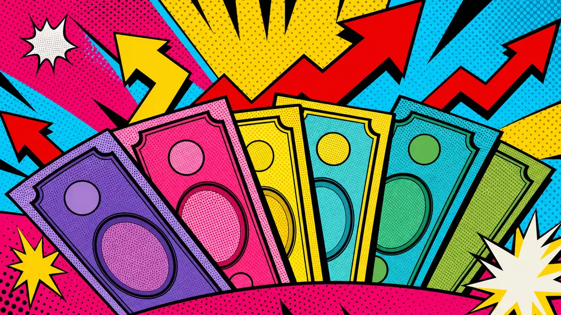 Pop-Art-Illustration im Comicstil mit stilisierten bunten Geldscheinen, kräftigen Halftone-Ben-Day-Punkten in Magenta, Gelb und Cyan, große aufwärtsweisende Comic-Pfeile in Rot und Gelb, dynamische Komposition. Kein Logo