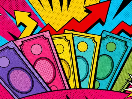 Partners Group CH0024608827 Pop-Art-Comic mit bunten stilisierten Geldscheinen, Halftone-Punkten und großen Aufwärtspfeilen - Foto: THN