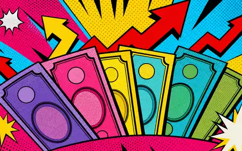 Partners Group CH0024608827 Pop-Art-Comic mit bunten stilisierten Geldscheinen, Halftone-Punkten und großen Aufwärtspfeilen - Foto: THN