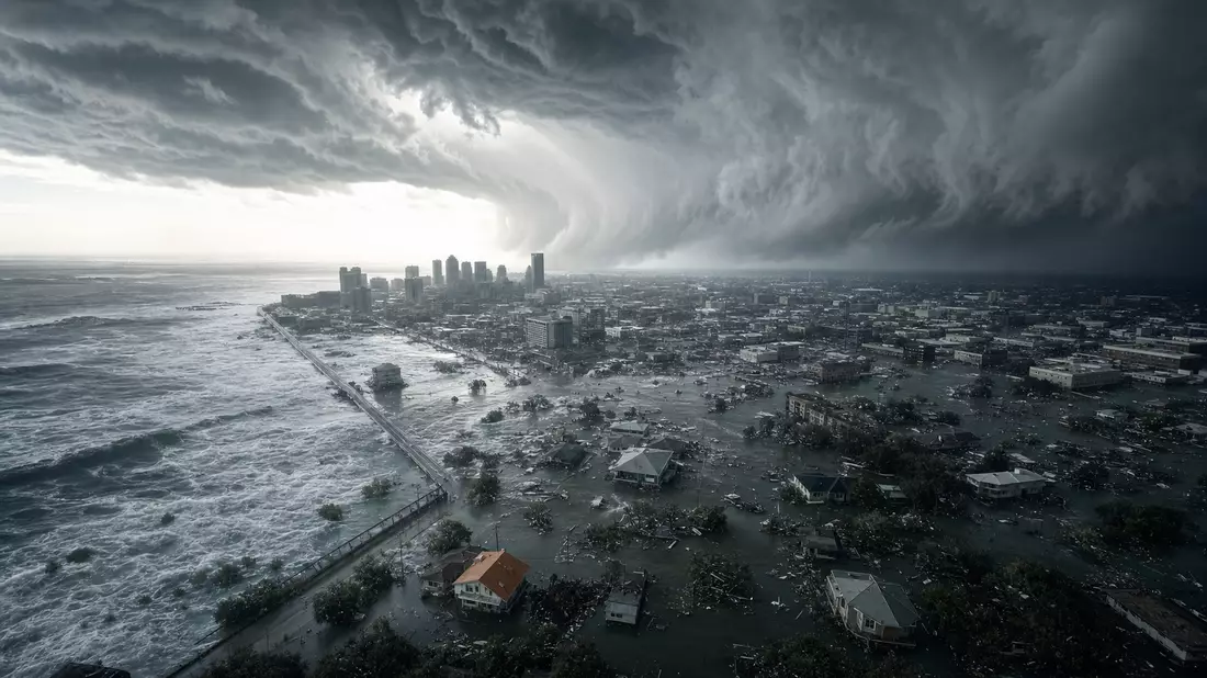 Aerial photorealistic view of a major hurricane making landfall over a flooded coastal city. Swirling storm clouds dominate the sky while floodwaters spread across the urban grid below. Dramatic light breaks through the storm wall over the distant skyline
