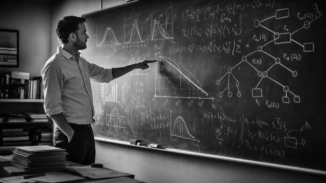 Black and white documentary photograph of an actuary in shirt sleeves standing at a large blackboard. The board is covered in probability curves, statistical distribution graphs, and fault-tree diagrams. He points to a loss exceedance curve drawn in chalk