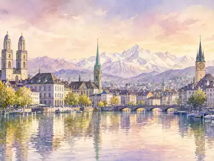 Swiss Re Heimatstadt Zürich: Aquarell-Panorama mit See, Kirchtürmen, Alpen und Pastelltönen, CH0126881561 - Foto: THN