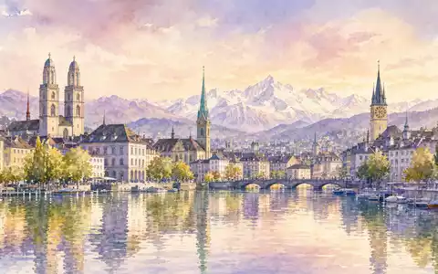 Swiss Re Heimatstadt Zürich: Aquarell-Panorama mit See, Kirchtürmen, Alpen und Pastelltönen, CH0126881561 - Foto: THN