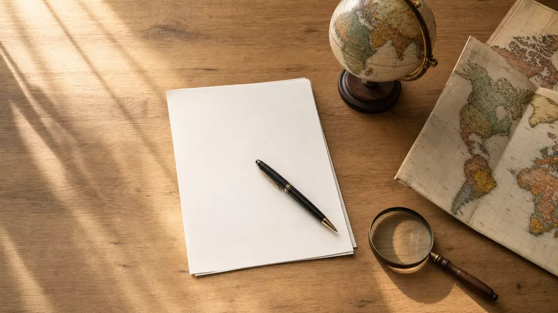 Overhead flatlay on warm oak wood. A blank unsigned contract document, an elegant black pen placed diagonally, a small decorative globe, a folded world map, and a magnifying glass casting a circular shadow are arranged with deliberate negative space under