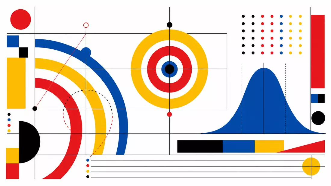 Bauhaus-style graphic design poster featuring geometric risk diagrams composed of bold primary colors — red, yellow, blue, and black. Concentric circles suggest risk zones, a bell curve silhouette in solid flat color is shown alongside arcs and grid lines