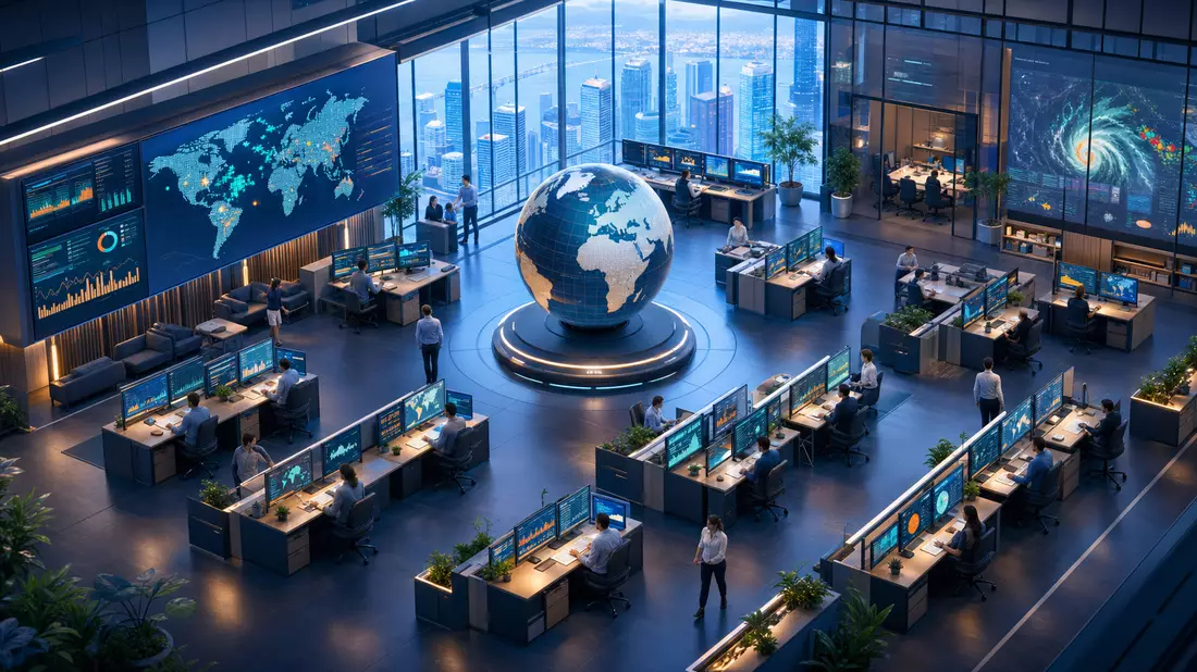 Isometric 3D illustration of a modern reinsurance risk center. Multiple analyst workstations display glowing monitors with abstract data charts and world maps. A large rotating globe stands in the center of the open-plan office, framed by floor-to-ceiling