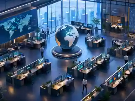 Swiss Re Risk Center: isometrisches 3D-Büro mit Globus, Bildschirmen und Analysten, CH0126881561 - Foto: THN