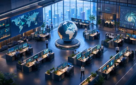 Swiss Re Risk Center: isometrisches 3D-Büro mit Globus, Bildschirmen und Analysten, CH0126881561 - Foto: THN