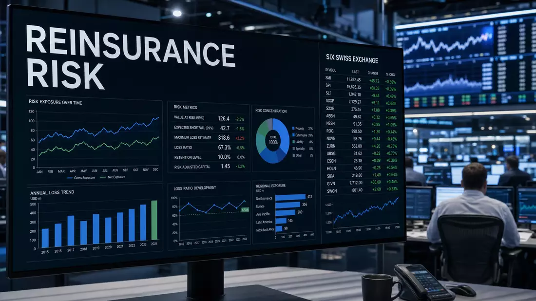 Editorial photograph of a large trading room monitor displaying financial data. Bold white sans-seri