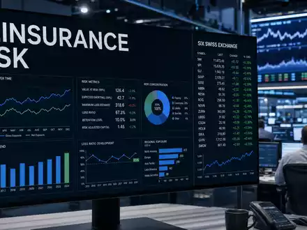 Swiss Re Kapitalmarkt: Handelsbildschirm mit REINSURANCE, RISK und SIX SWISS Daten, CH0126881561. - Foto: THN
