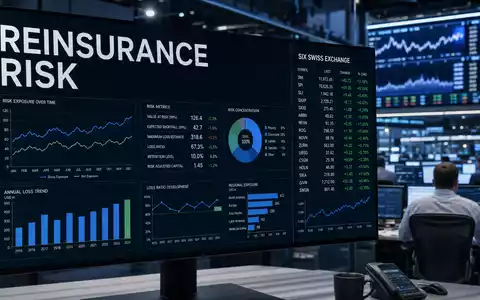 Swiss Re Kapitalmarkt: Handelsbildschirm mit REINSURANCE, RISK und SIX SWISS Daten, CH0126881561 - Foto: THN