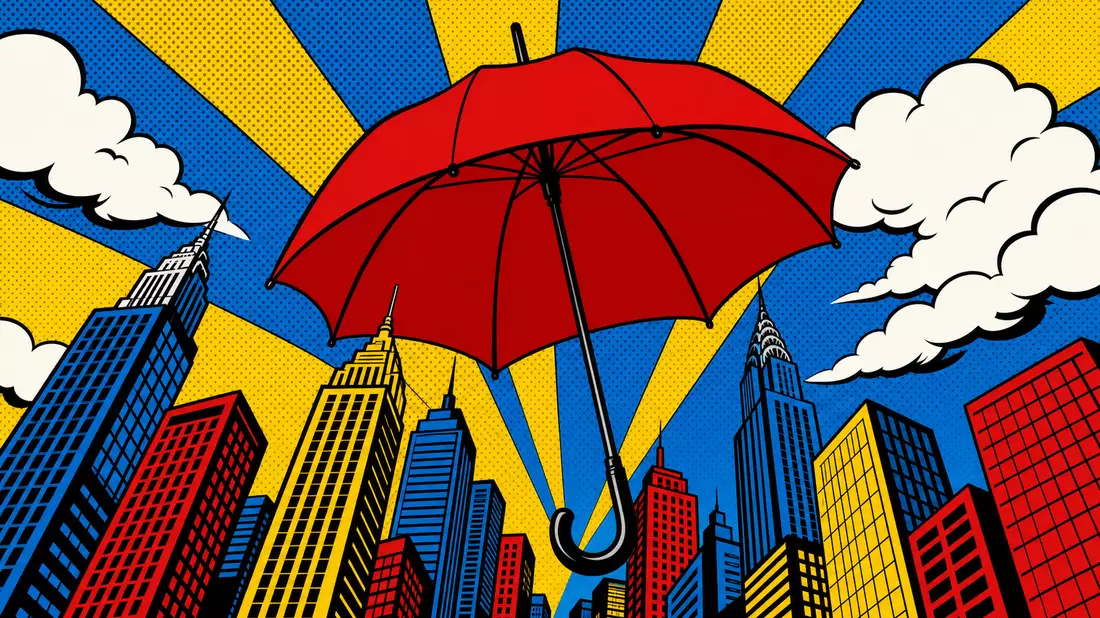Pop art comic book illustration in primary colors. A giant red umbrella hovers protectively above colorful stylized city skyscrapers. Bold black ink outlines, halftone dot pattern sky in blue and yellow, radiating sunburst lines, and cartoon clouds comple
