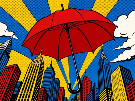 Swiss Re Schutz: Pop-Art-Comic mit rotem Regenschirm über Hochhäusern und Halftone-Punkten, CH0126881561 - Foto: THN