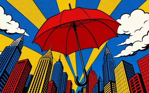 Swiss Re Schutz: Pop-Art-Comic mit rotem Regenschirm über Hochhäusern und Halftone-Punkten, CH0126881561 - Foto: THN