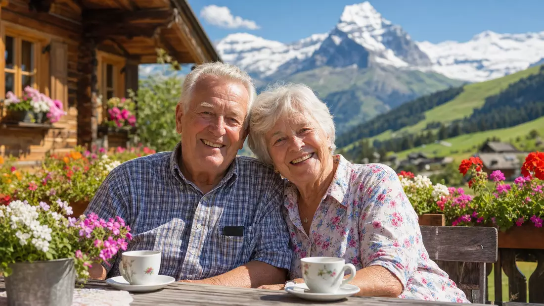Cheerful elderly couple seated on a sunny Swiss alpine chalet terrace, snow-capped mountain peaks and lush meadows behind, colorful flower boxes framing the scene, warm afternoon light, relaxed and life-affirming mood