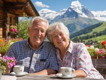 Swiss Life CH0014852781 zeigt älteres Paar im sonnigen Schweizer Berggarten, entspannt und lebensbejahend - Foto: THN