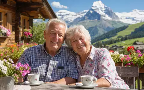 Swiss Life CH0014852781 zeigt älteres Paar im sonnigen Schweizer Berggarten, entspannt und lebensbejahend - Foto: THN