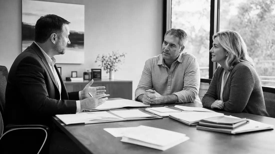 Black and white documentary photograph of an insurance advisor gesturing across a conference table t