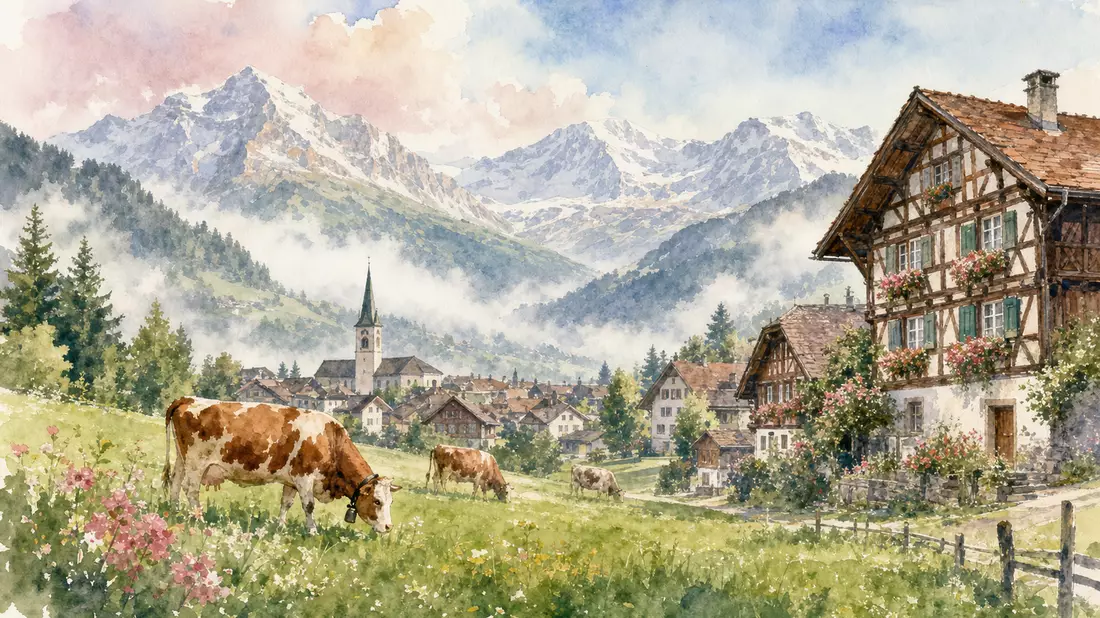 Soft watercolor illustration of a charming Swiss alpine village with timber-frame houses, lush green meadows, grazing cows in the foreground, church steeple, and snow-capped mountains under a pastel sky, morning mist in the valley