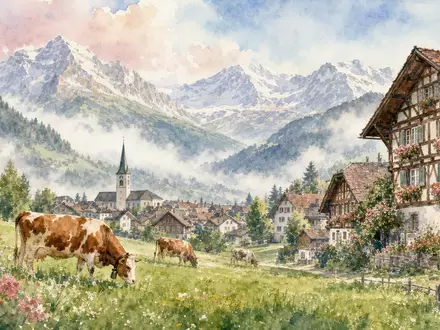 Swiss Life CH0014852781 als Aquarell: Schweizer Bergdorf mit Wiesen, Kühen und weichem Panorama in Pastelltönen - Foto: THN