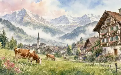 Swiss Life CH0014852781 als Aquarell: Schweizer Bergdorf mit Wiesen, Kühen und weichem Panorama in Pastelltönen - Foto: THN
