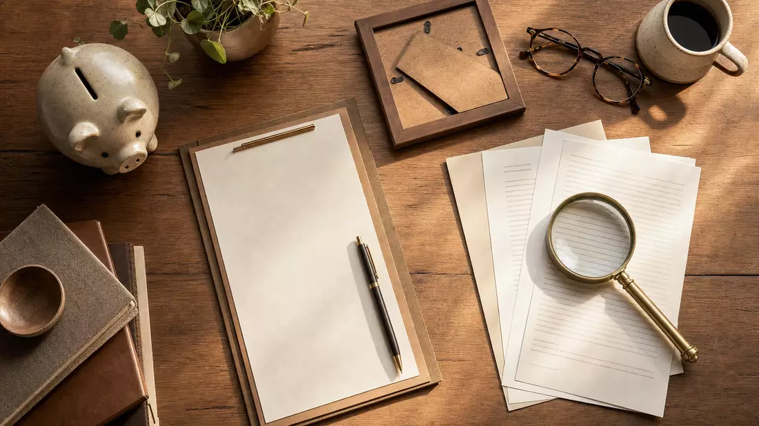 Overhead flatlay on warm oiled oak wood surface showing pension planning objects: blank contract on clipboard with pen, empty wooden picture frame, round tortoiseshell reading glasses, cream ceramic piggy bank, brass magnifying glass, and scattered lined 